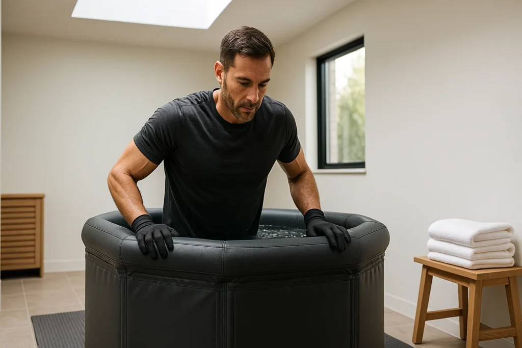 male athlete lowering into graphite cold plunge tub in indoor spa