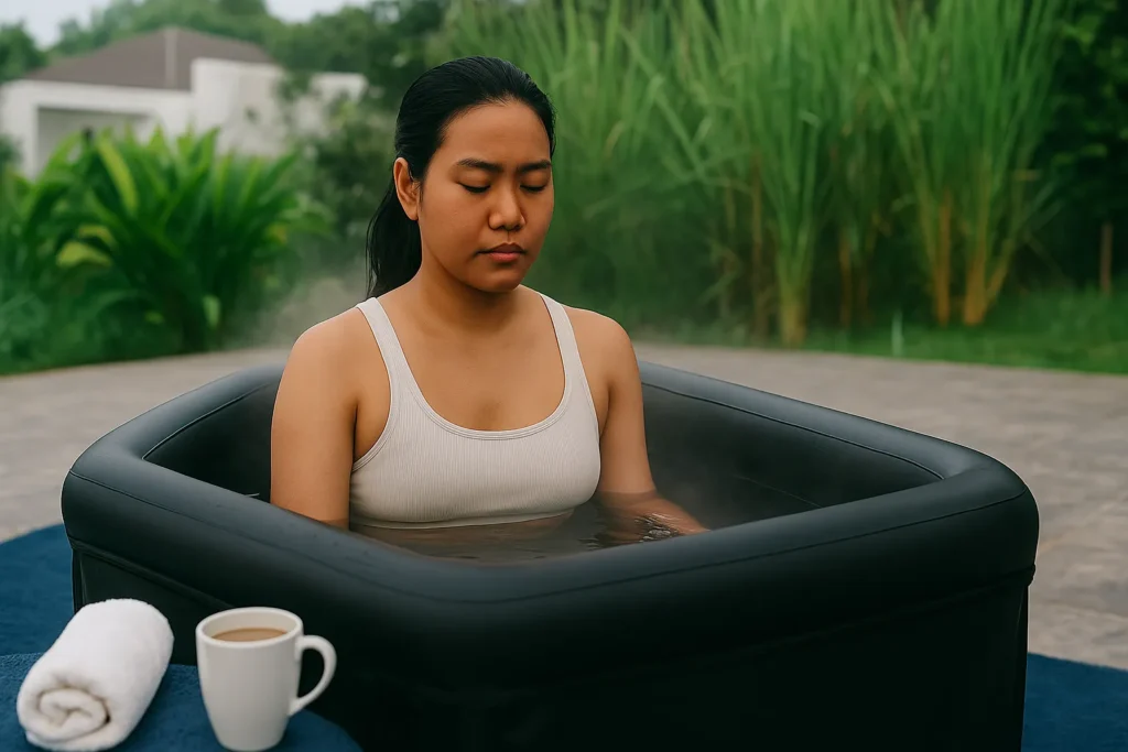 beginner athlete kneeling beside compact ice bath tub at sunrise